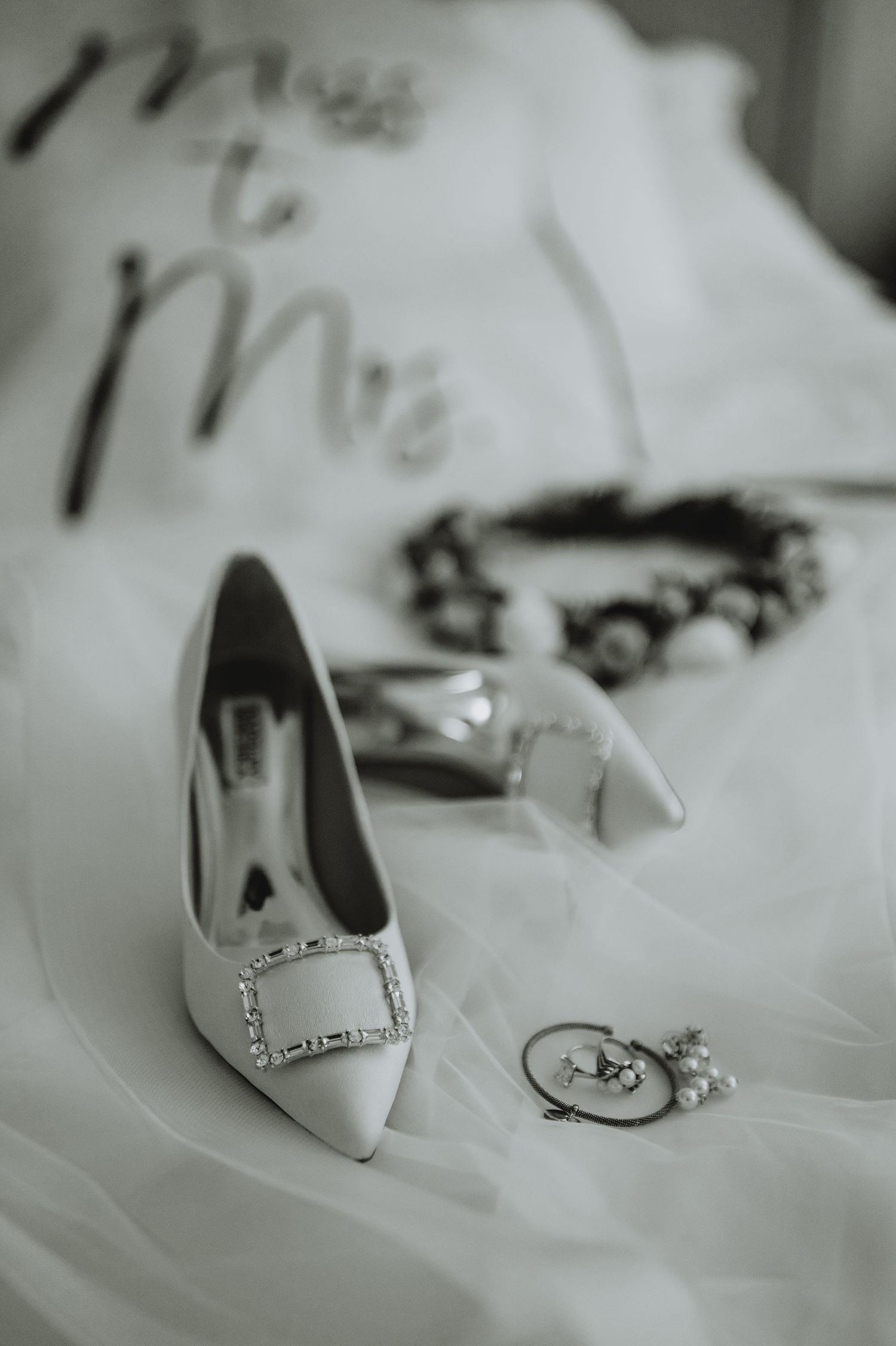 Black and white close-up of crystal-buckle bridal heels with jewelry on a white veil.