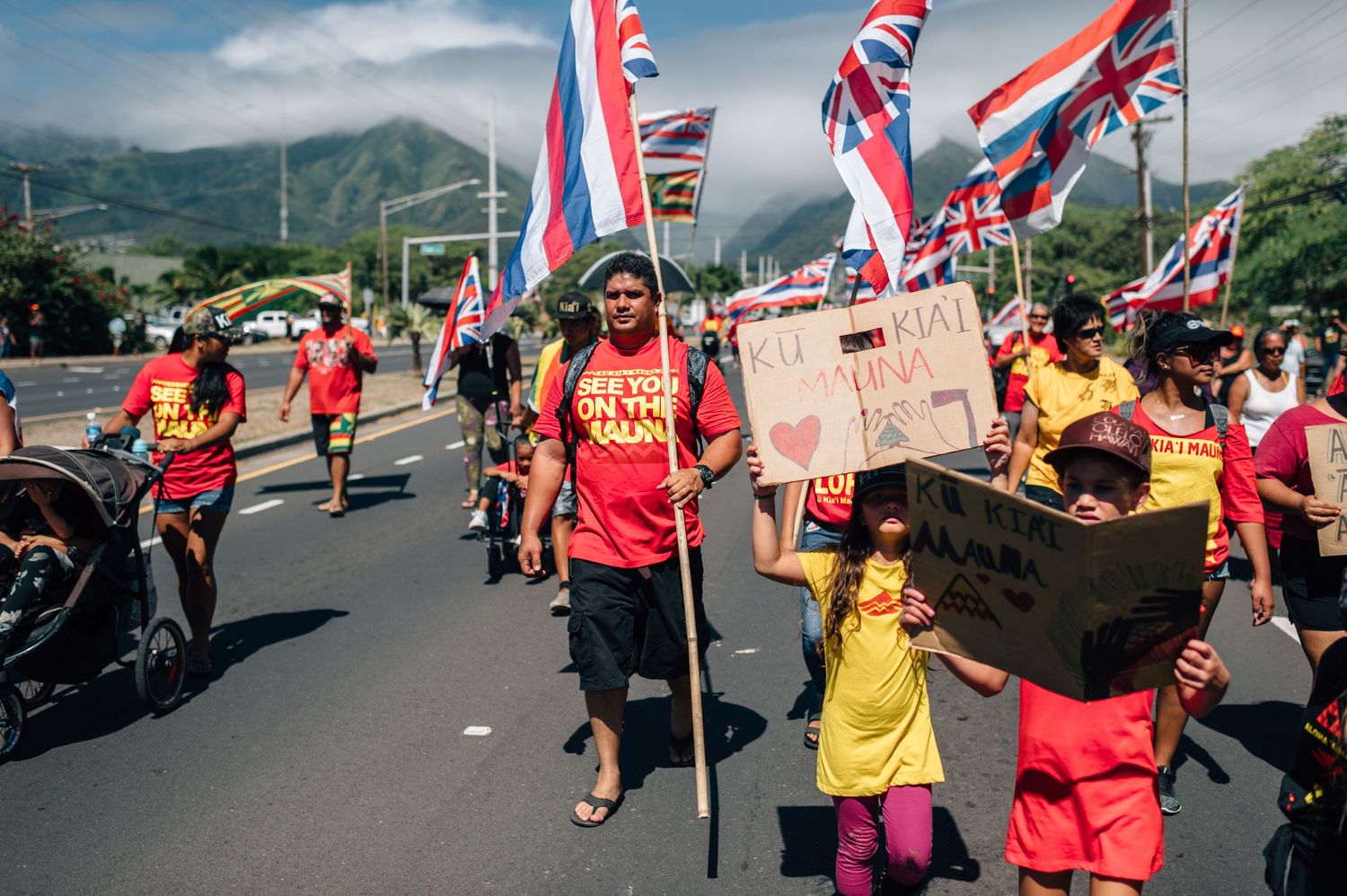 Protesters wave Hawaiian flags and carry signs during a demonstration on a sunny day with mountains in background.