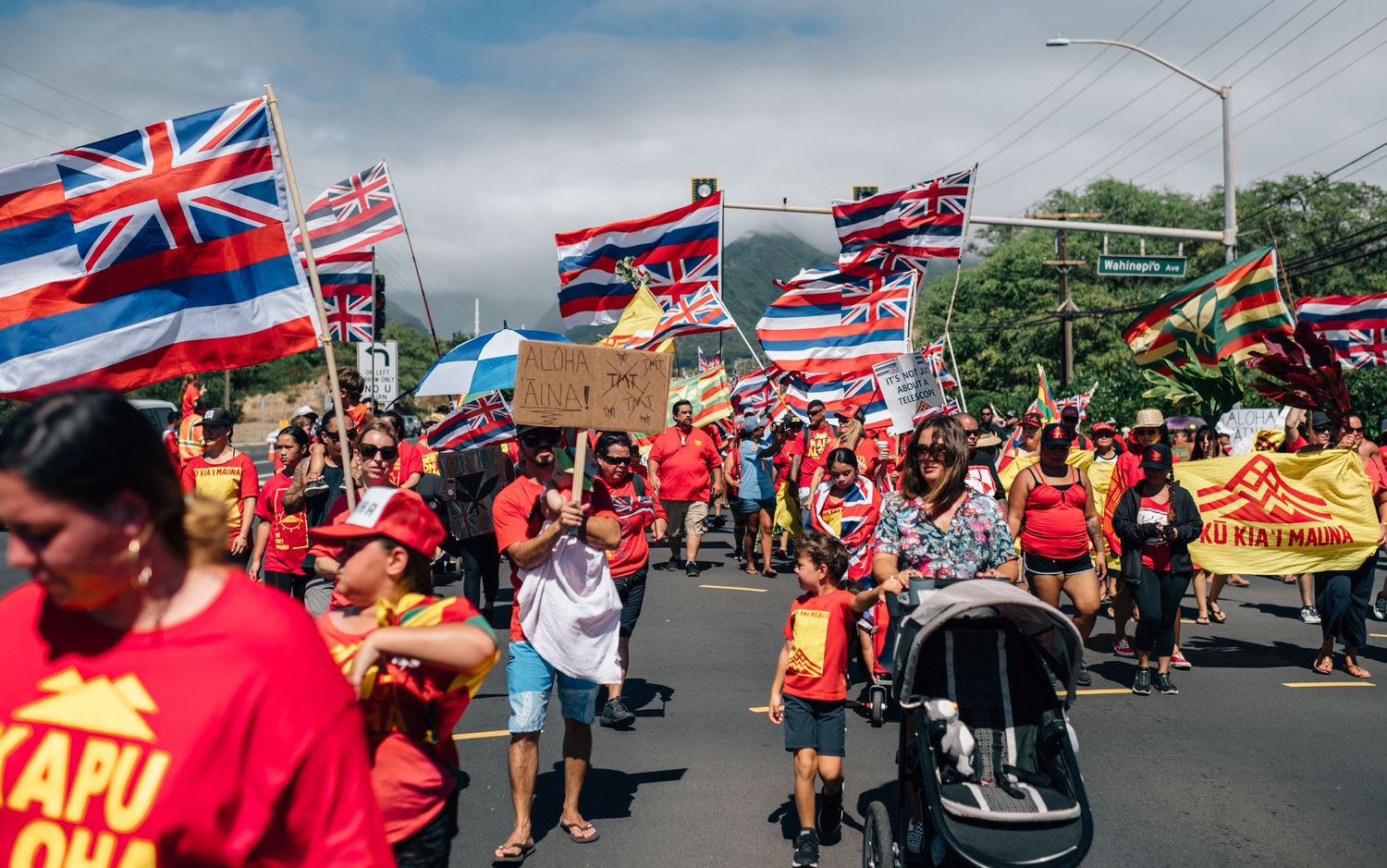 Protesters wave Hawaiian flags and carry signs during a demonstration along a street with mountains in the background.