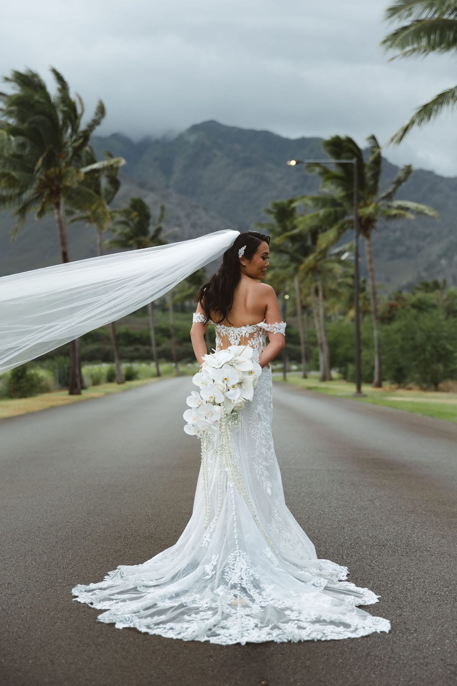 Bride in lace off-shoulder gown with flowing veil stands on road lined with palm trees and mountains in Hawaii.