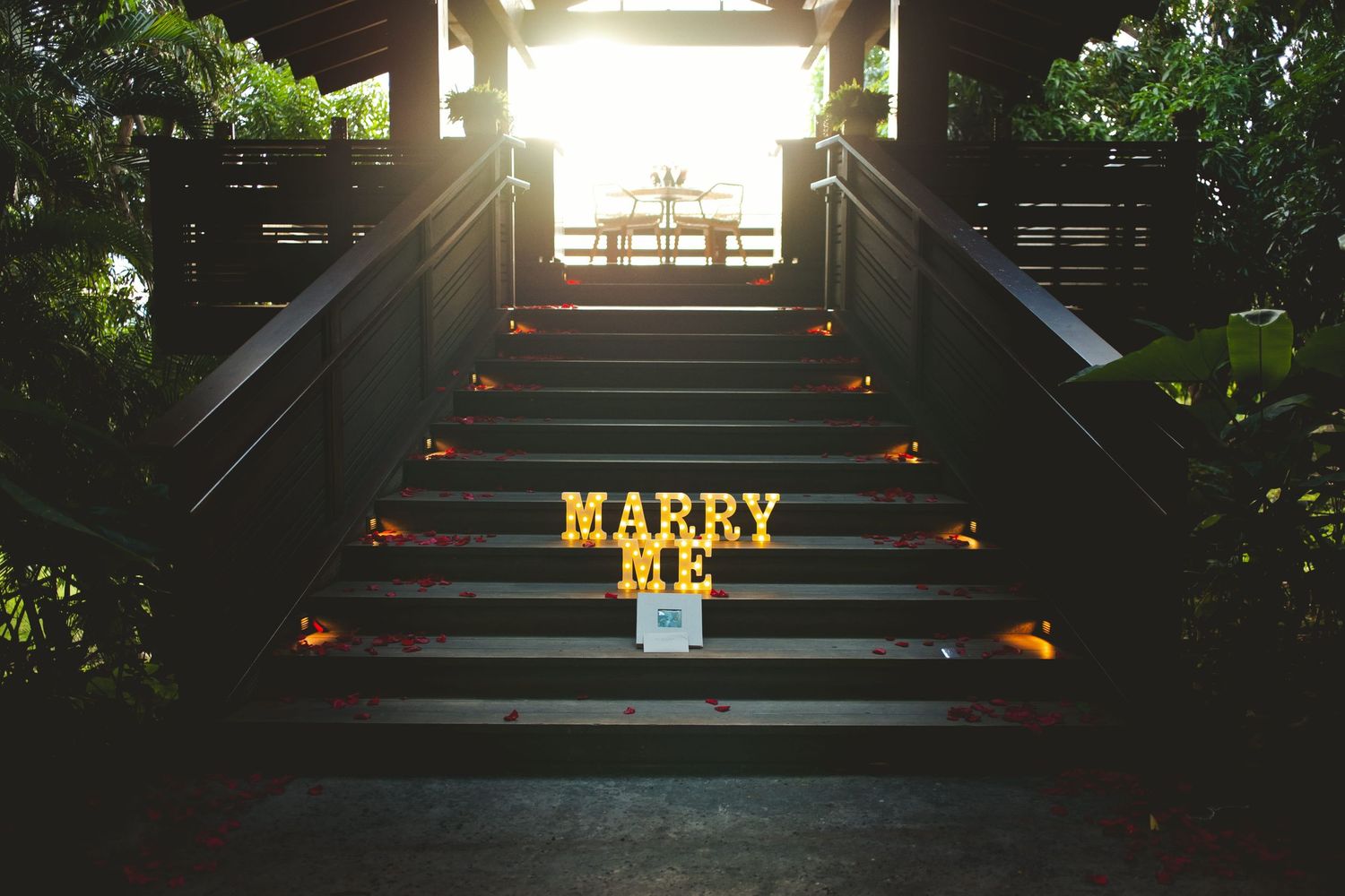 Illuminated MARRY ME letter signs on outdoor staircase surrounded by lush greenery and warm sunlight.