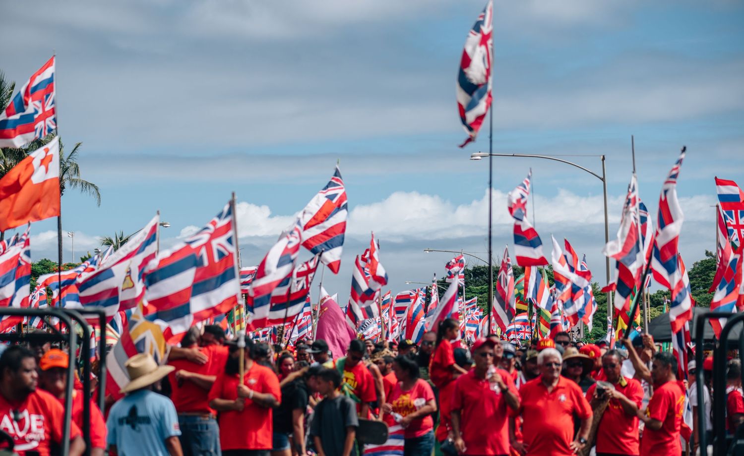 Crowd of protesters in red shirts wave Hawaiian flags against blue sky.