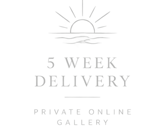 Soft gray sun logo with 5 week delivery and private online gallery text.