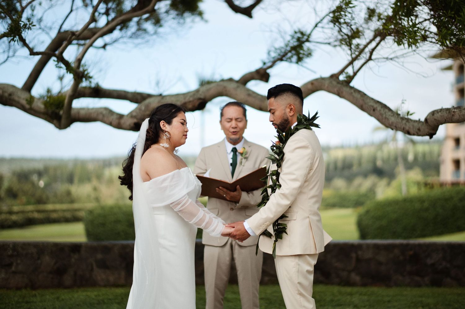 Bride and groom exchange vows outdoors with officiant under scenic tree at tropical Hawaii wedding ceremony.