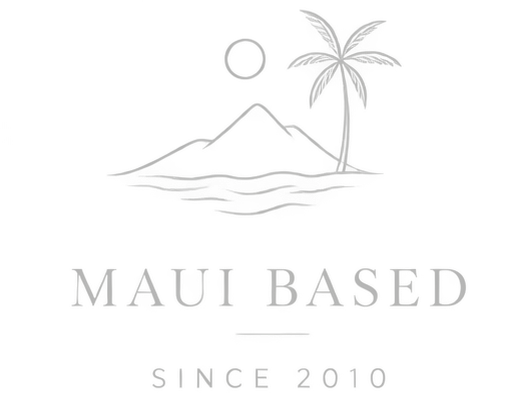 Minimalist line drawing of Maui mountains and palm tree logo, Maui based since 2010.