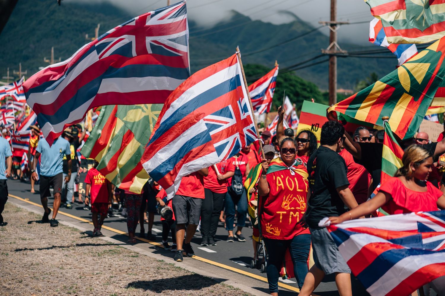 Protesters march with Hawaiian state flags and signs during a demonstration against development on Mauna Kea.