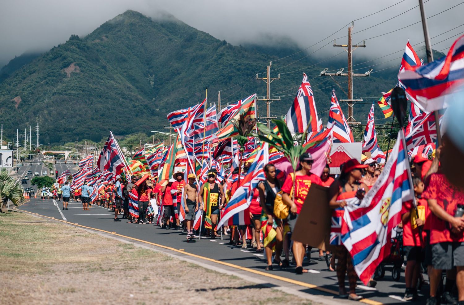 Protesters line a roadway with Hawaiian flags while mountains loom in the misty background.