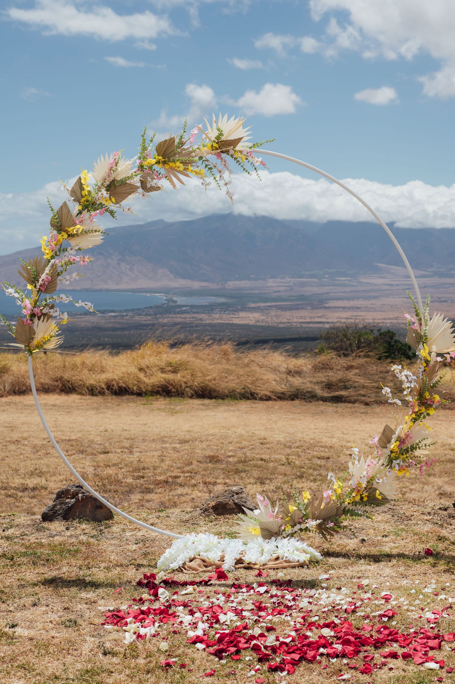 Circular floral wedding arch with rose petals on dry grass, mountain and blue sky backdrop in Maui, Hawaii.