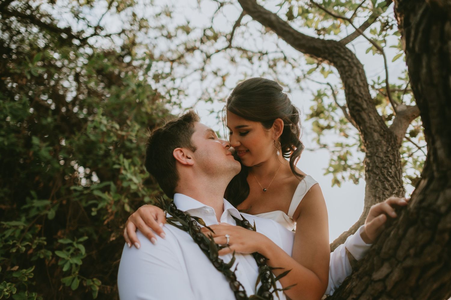 Intimate wedding portraits captured under tropical trees at sunset.