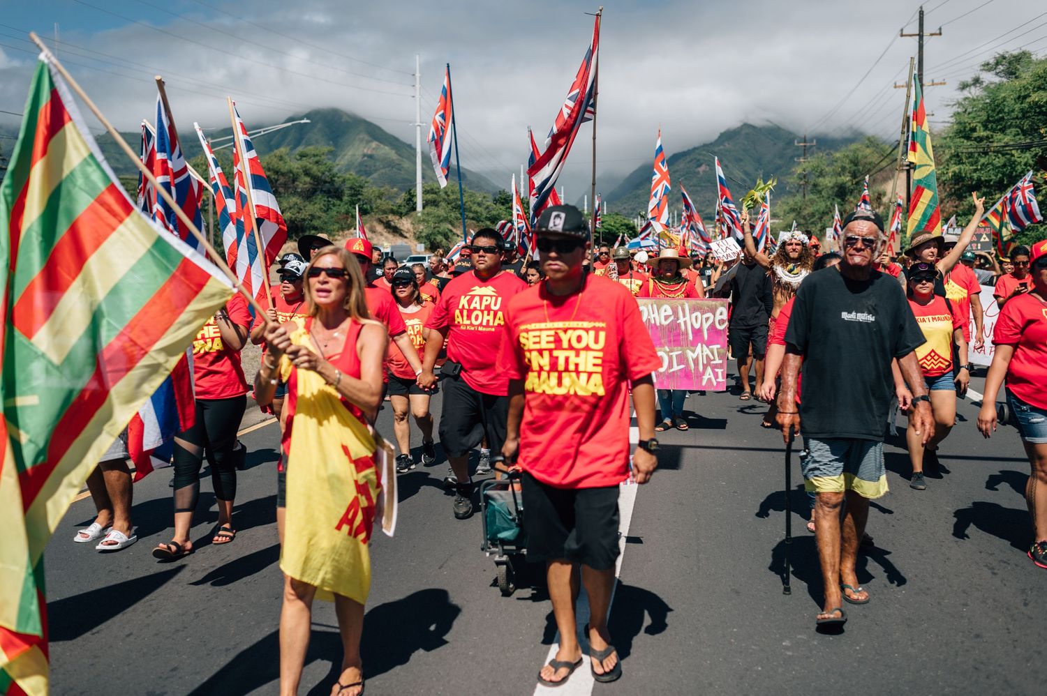 Demonstrators wave flags and carry protest signs during march on sunny Hawaiian day.