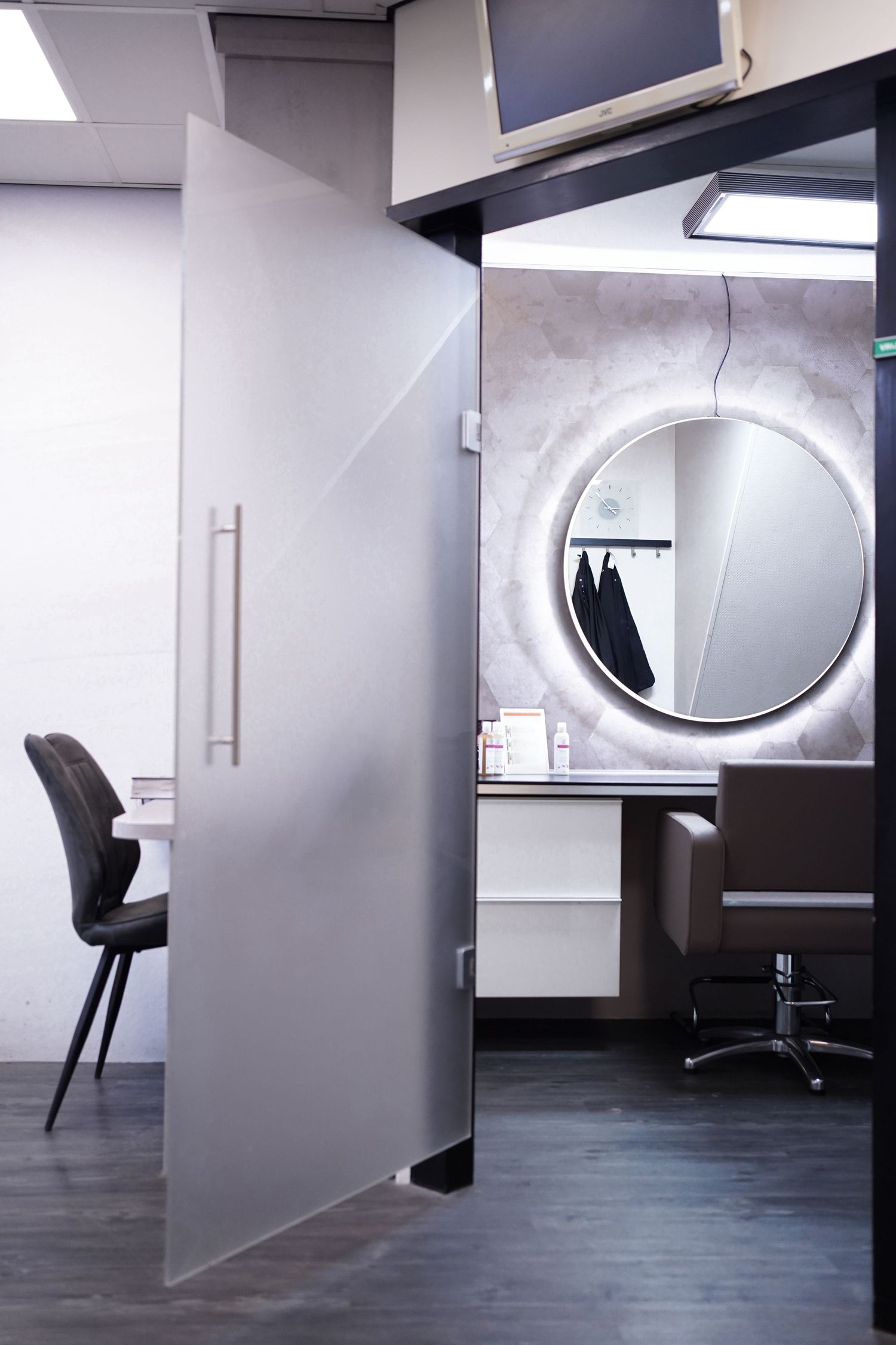 Modern hair salon interior, commercial photography for salon branding
