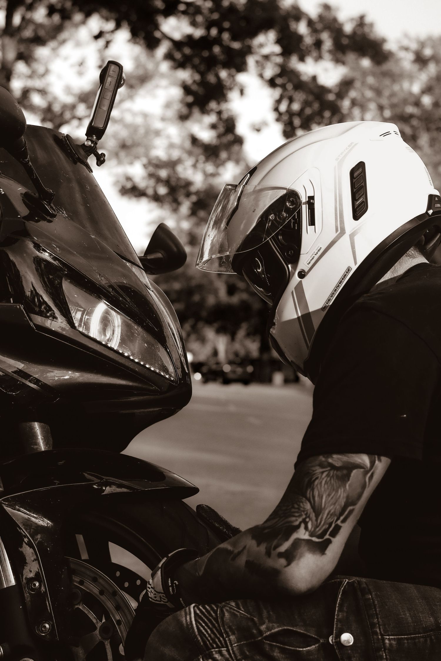 Motorcycle and owner portrait photography in black and white