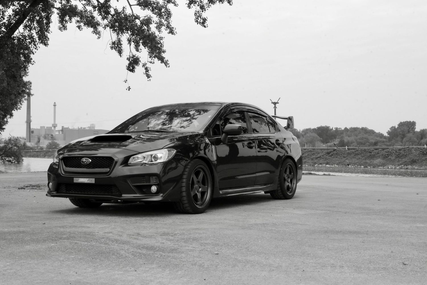 Blue Subaru WRX automotive photography featured in black and white
