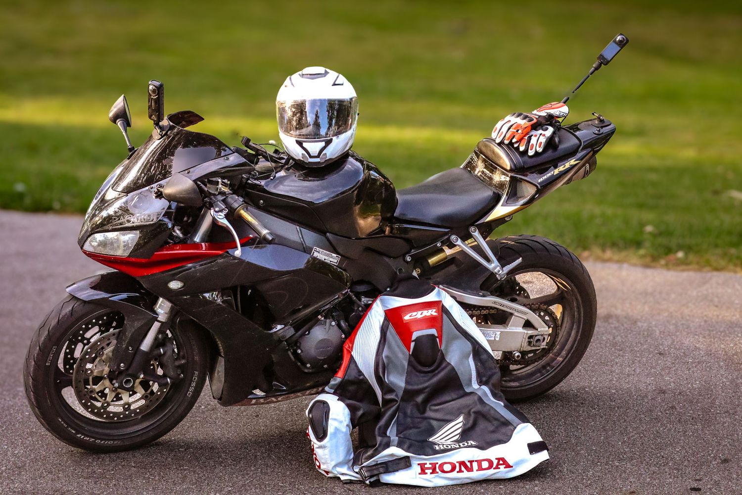 Motorcycle automotive photography detail shot featuring motorcycle gear