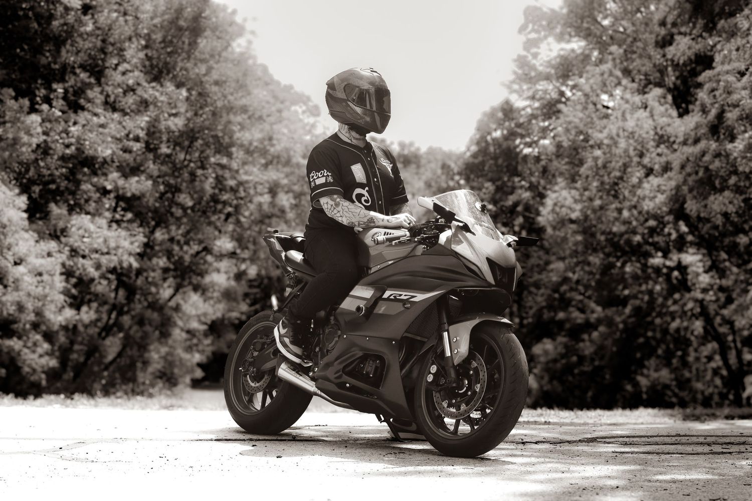 Motorcycle and owner portrait photography in black and white