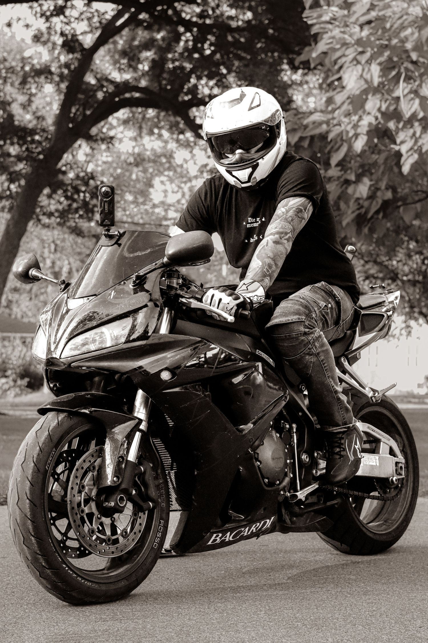 Motorcycle and owner portrait photography in black and white