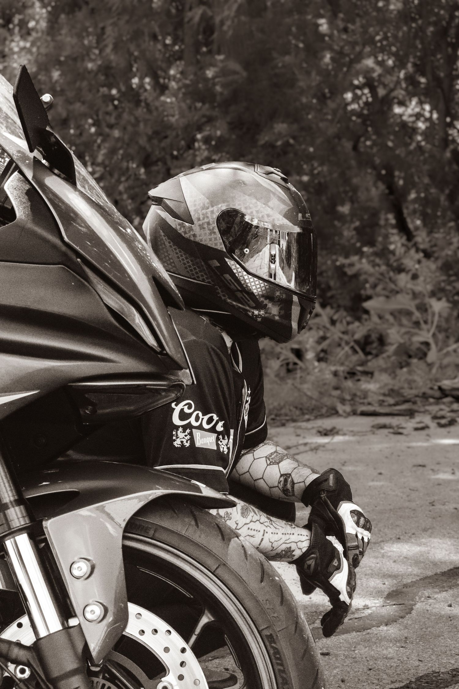 Motorcycle and owner portrait photography in black and white