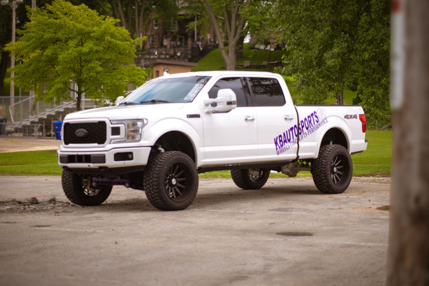 White Ford F150 truck with KBAutoSports logo for a branding session.