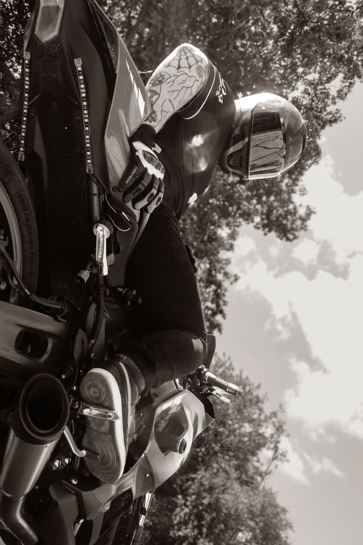 Motorcycle and owner portrait photography in black and white