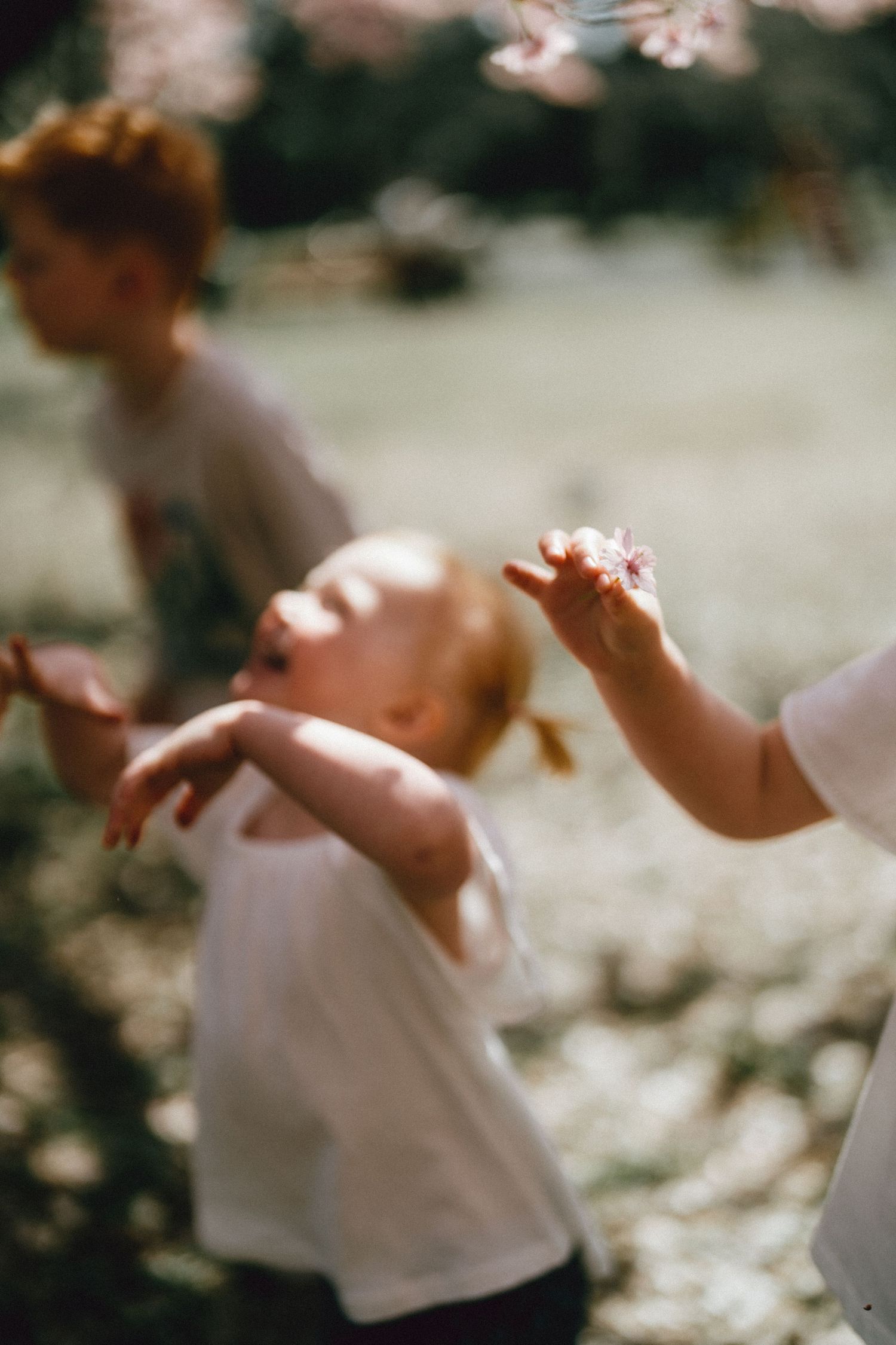 Young toddler in white shirt reaches up outdoors while children play in sunlit garden.
