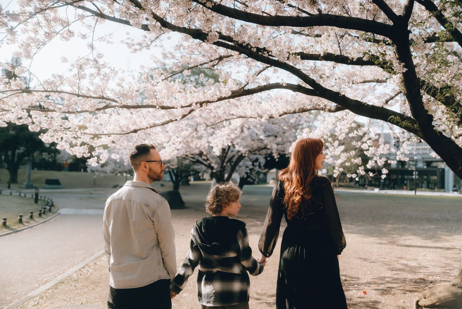 Family of three holding hands under blooming cherry blossom trees in a park during spring.