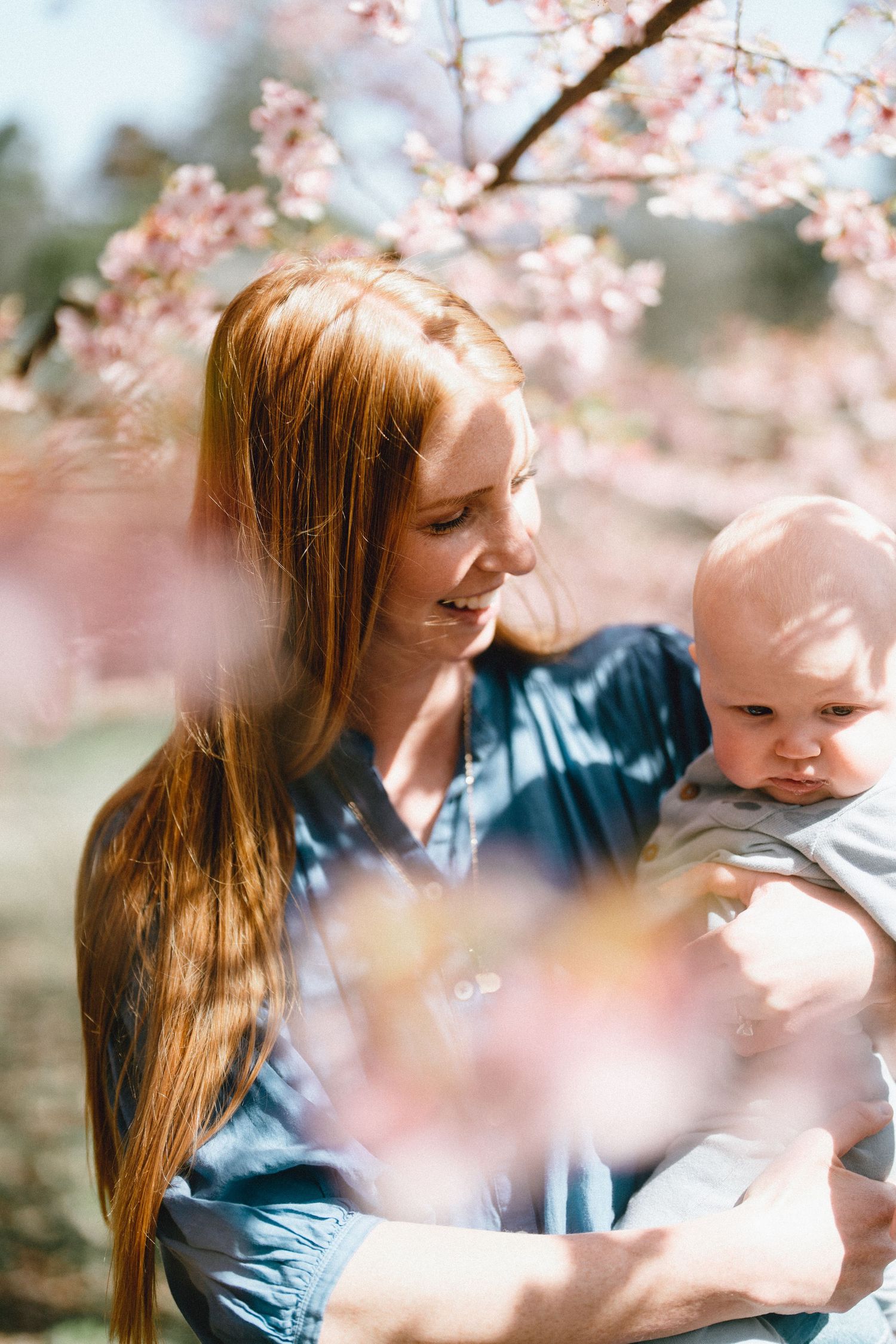 Red-haired woman holding baby boy under blooming cherry blossom tree in spring sunshine.