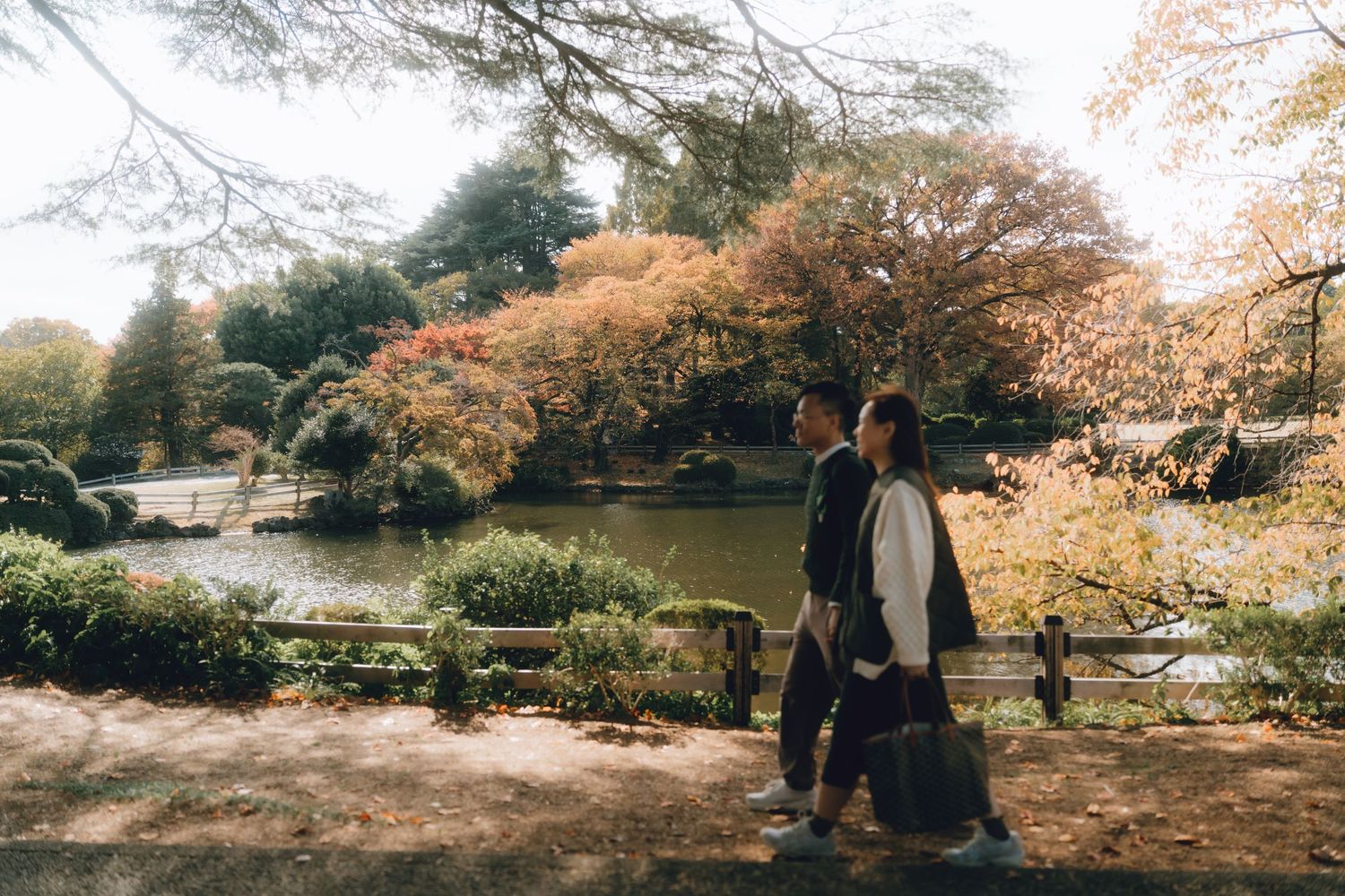 Couple walking hand in hand through a serene Japanese garden with autumn foliage and a pond in shinjyuku gyoen, tokyo.