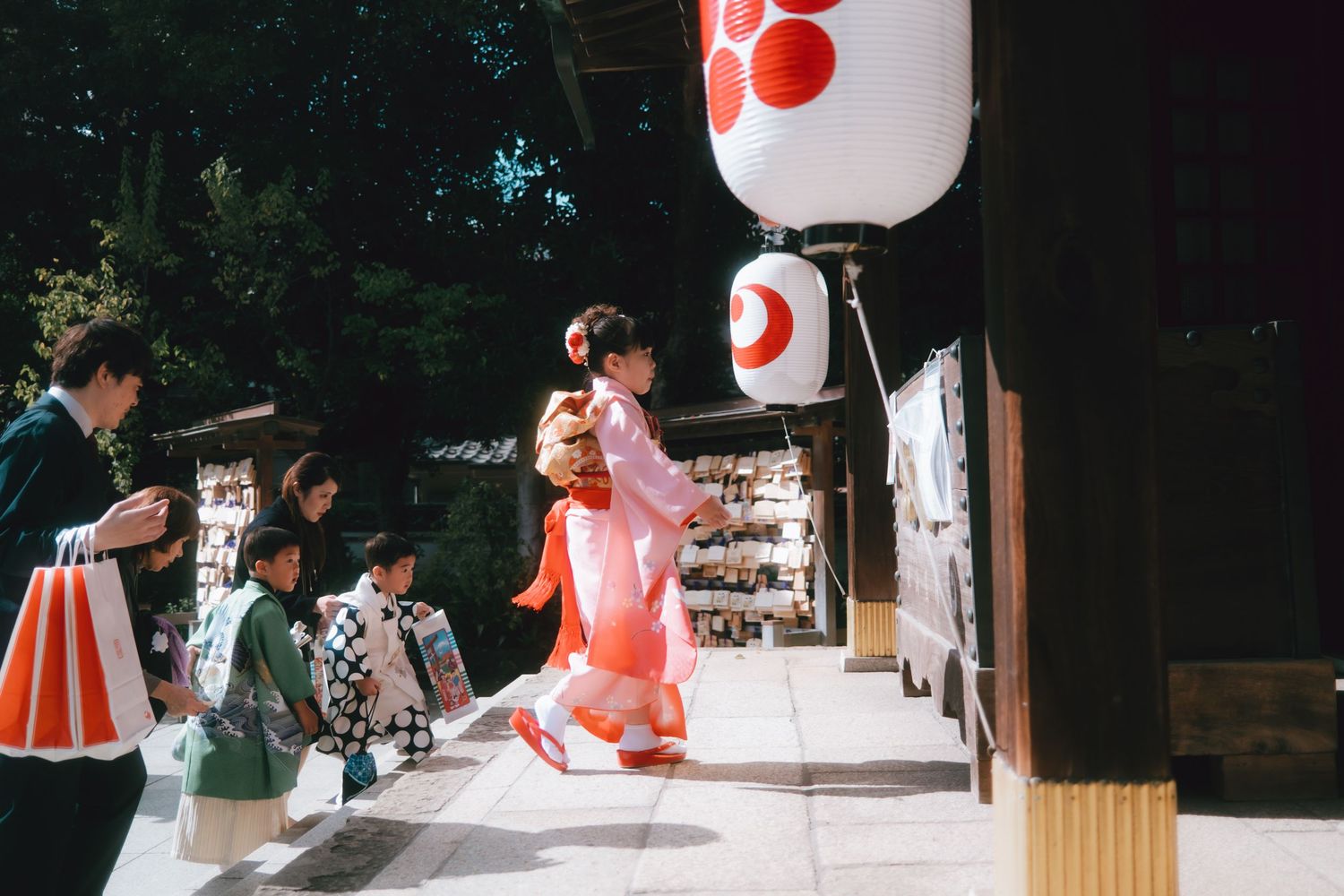A young child wearing a traditional teal haori and hakama for Shichi-Go-San at Iseyama Kotai Jingu in Chiba shrine, Japan.