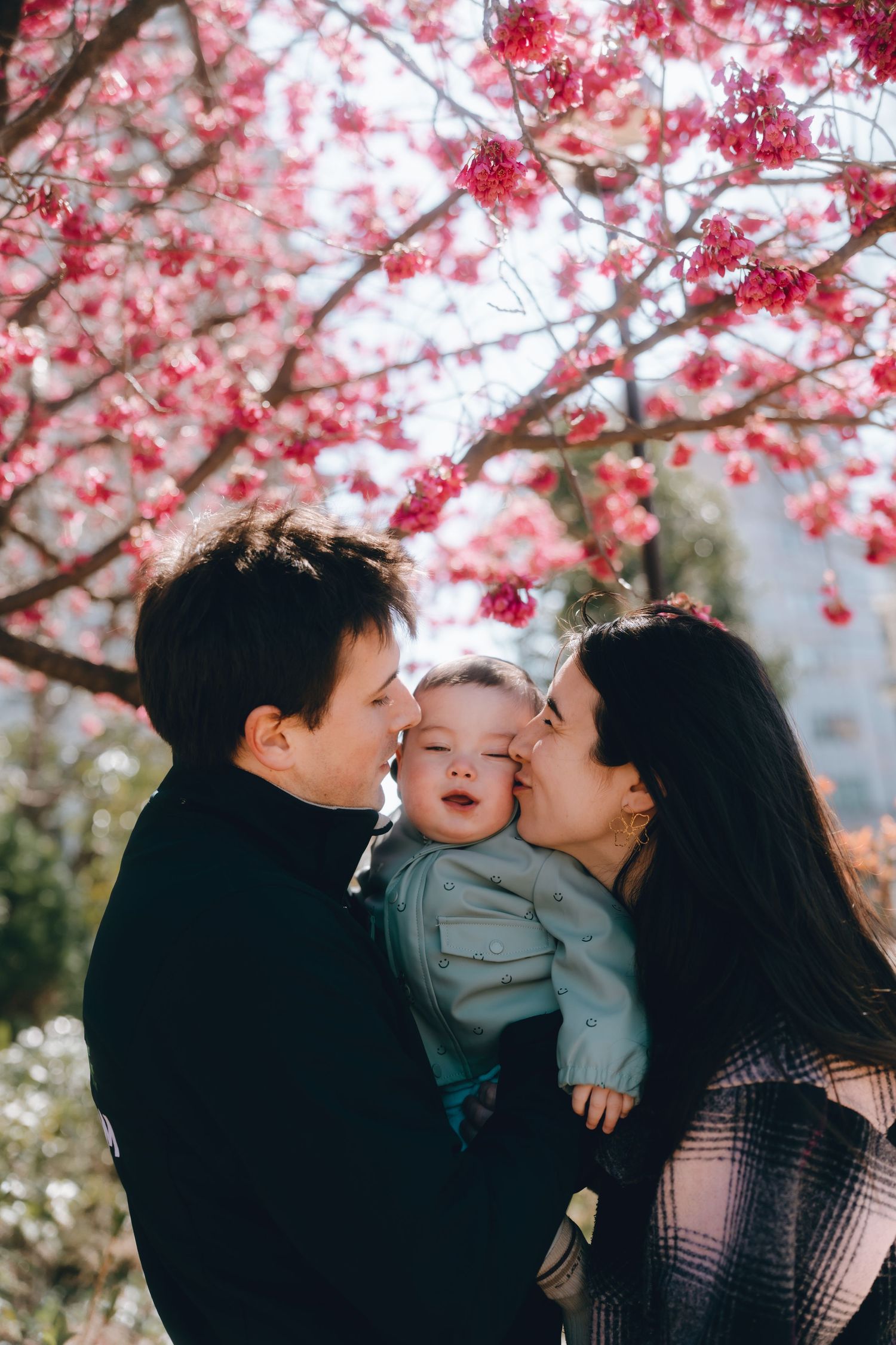 Parents kissing their baby boy on the cheeks under a blooming pink cherry blossom tree in spring.