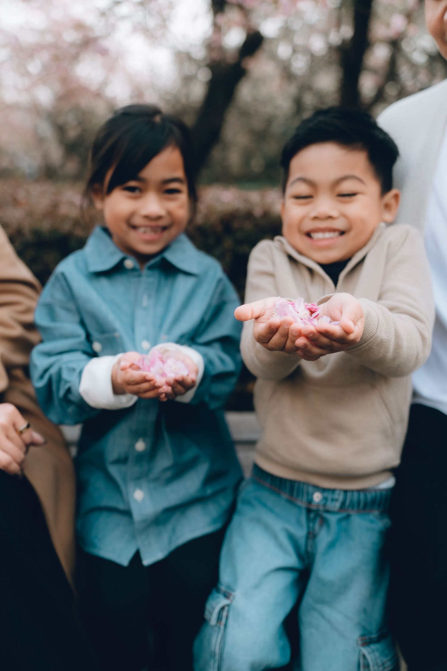 Two smiling Asian children holding pink cherry blossom petals in their hands outdoors in spring.