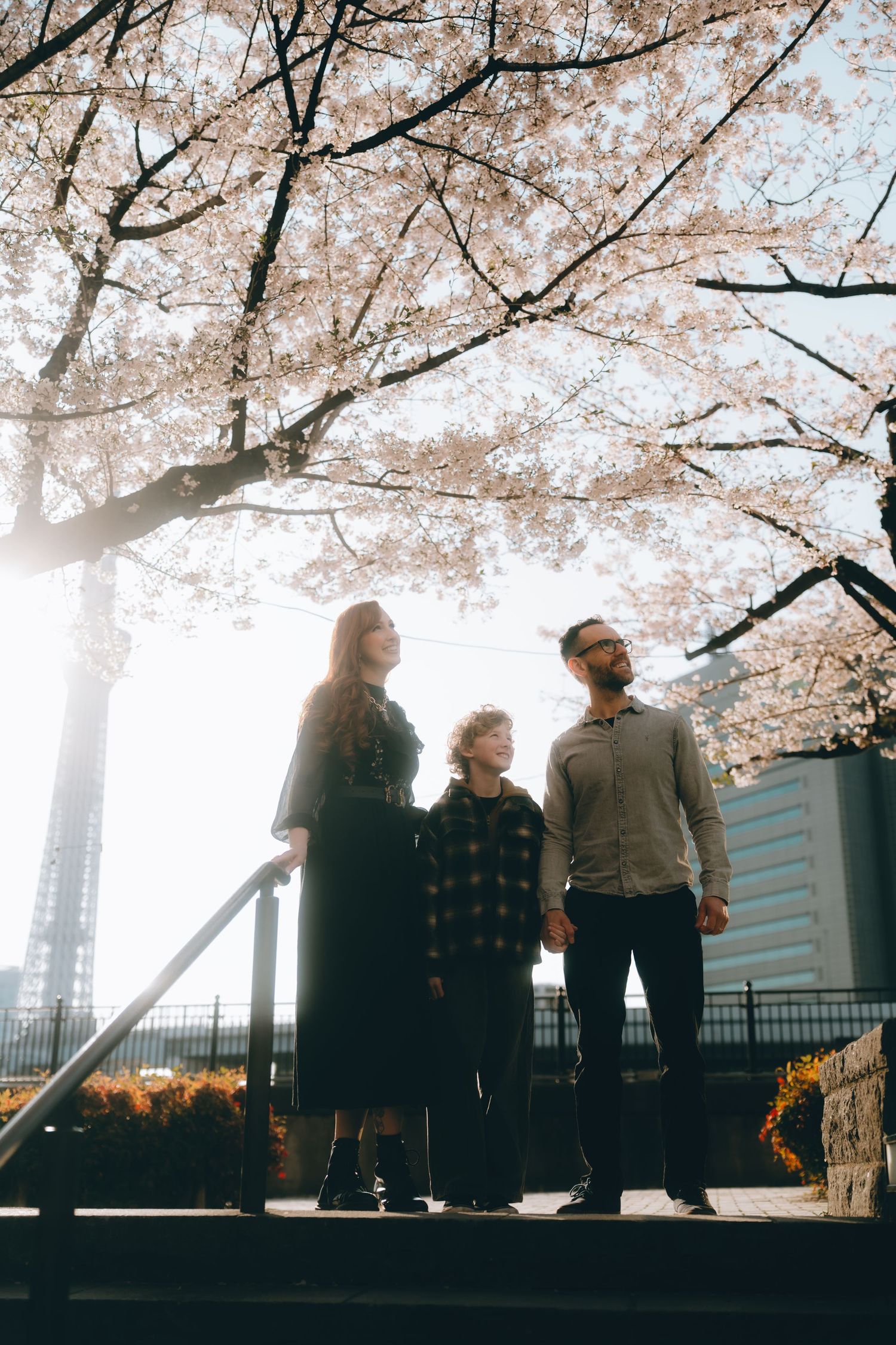 Family of three standing under blooming cherry blossom trees in soft sunlight, enjoying a spring day outdoors.