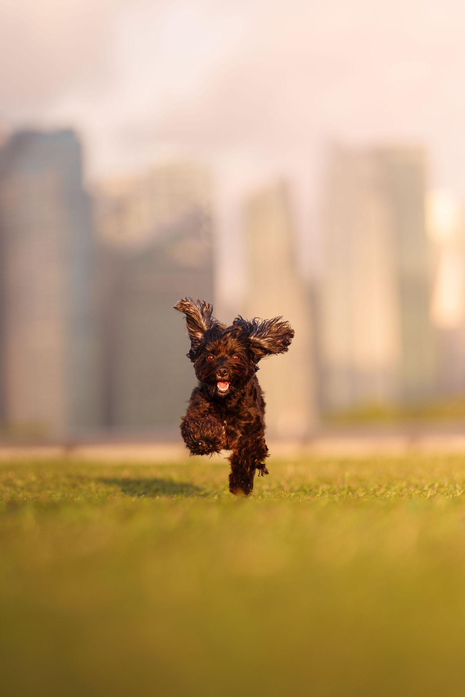 A fluffy dark brown dog runs joyfully across green grass with a city skyline in the background.