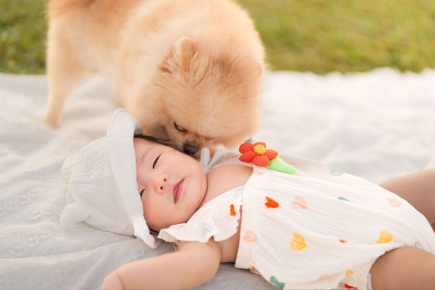 A fluffy Pomeranian dog gently sniffing a sleeping baby lying on a blanket outdoors in soft light.