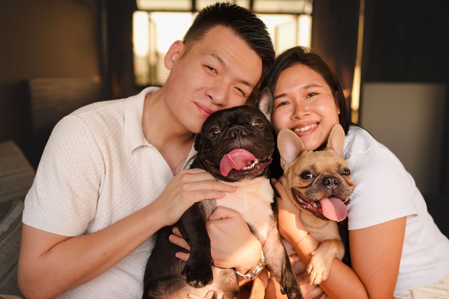 Smiling Asian couple cuddles two French Bulldogs, one black and one fawn, indoors.