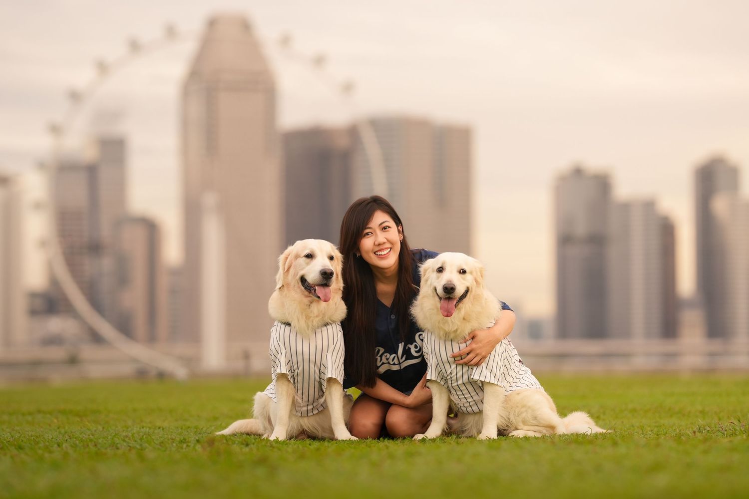 A smiling woman sits on grass between two Golden Retrievers wearing striped shirts with a city skyline behind.