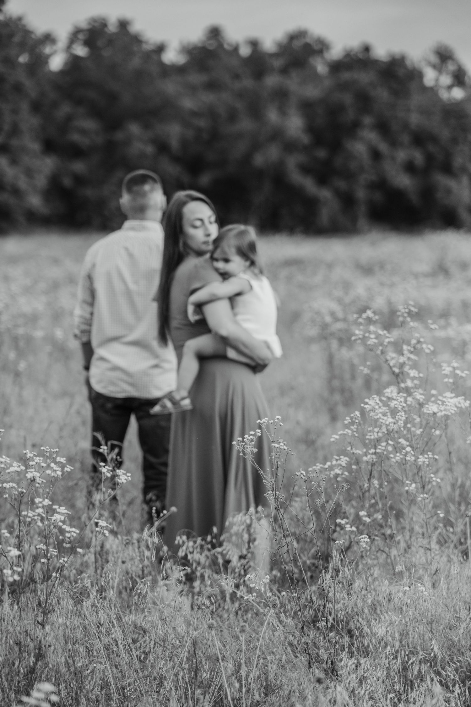 Black and white photo of a family in a wildflower field, mother kissing child while father stands nearby.