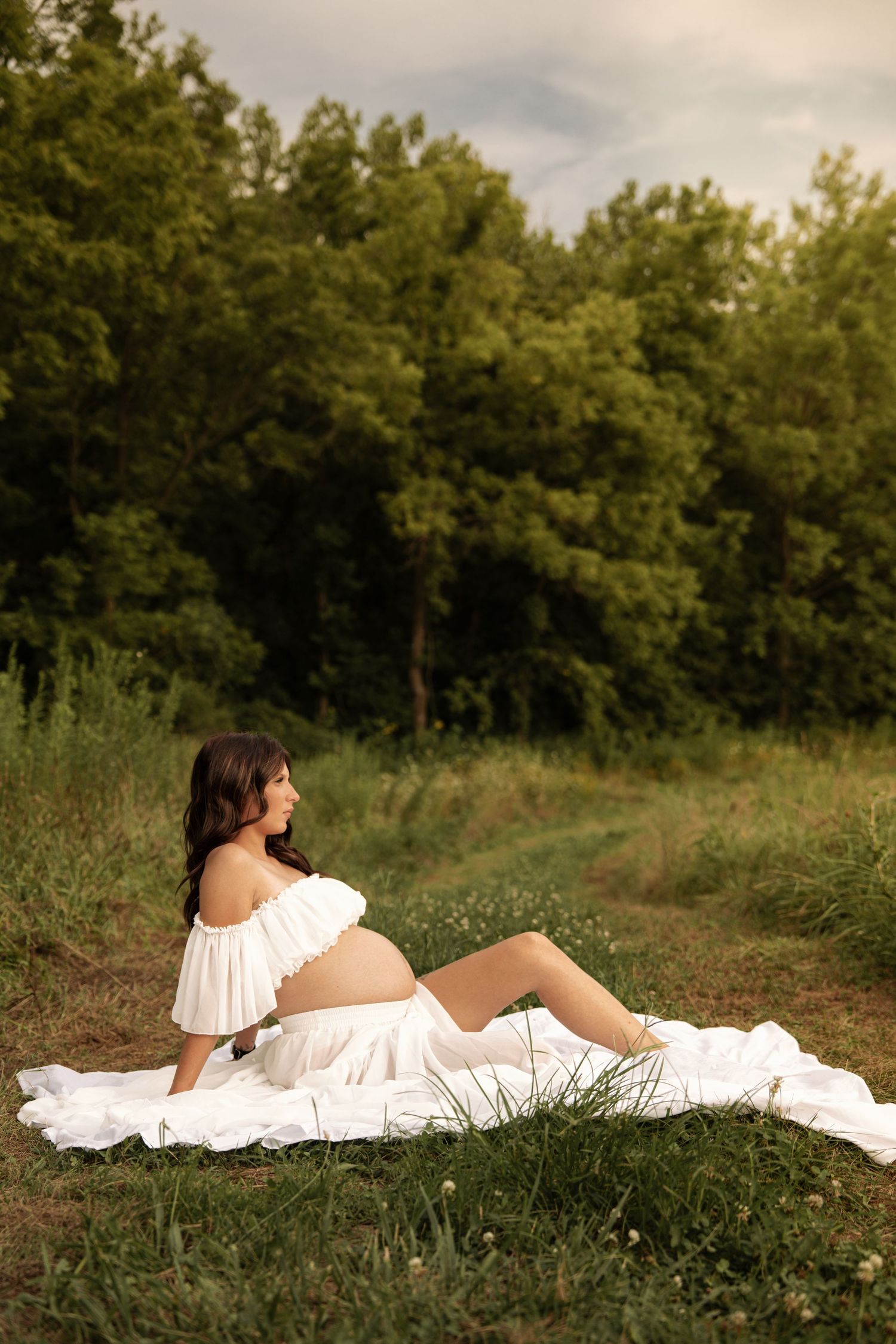 Pregnant woman in white off-shoulder dress reclines on blanket in green meadow during golden hour.