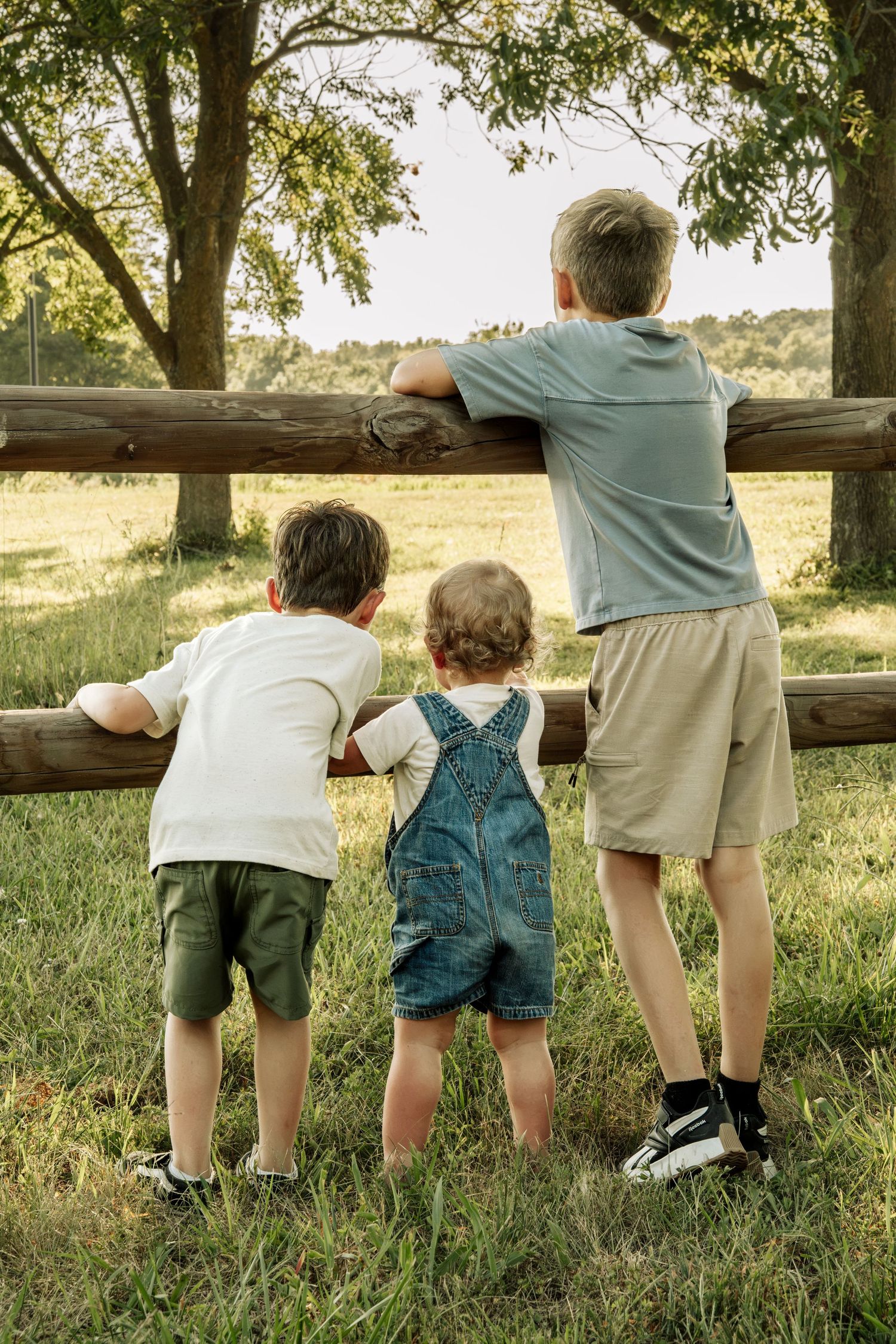Three young siblings stand at wooden fence gazing at green pasture on sunny day.