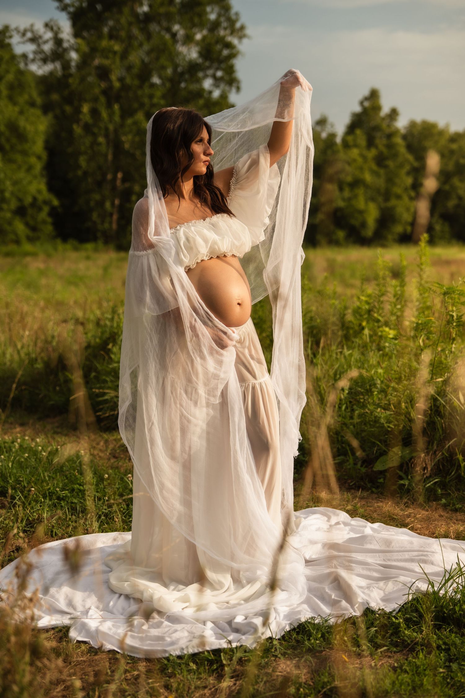 Pregnant woman in a white sheer flowing gown standing gracefully in a meadow.