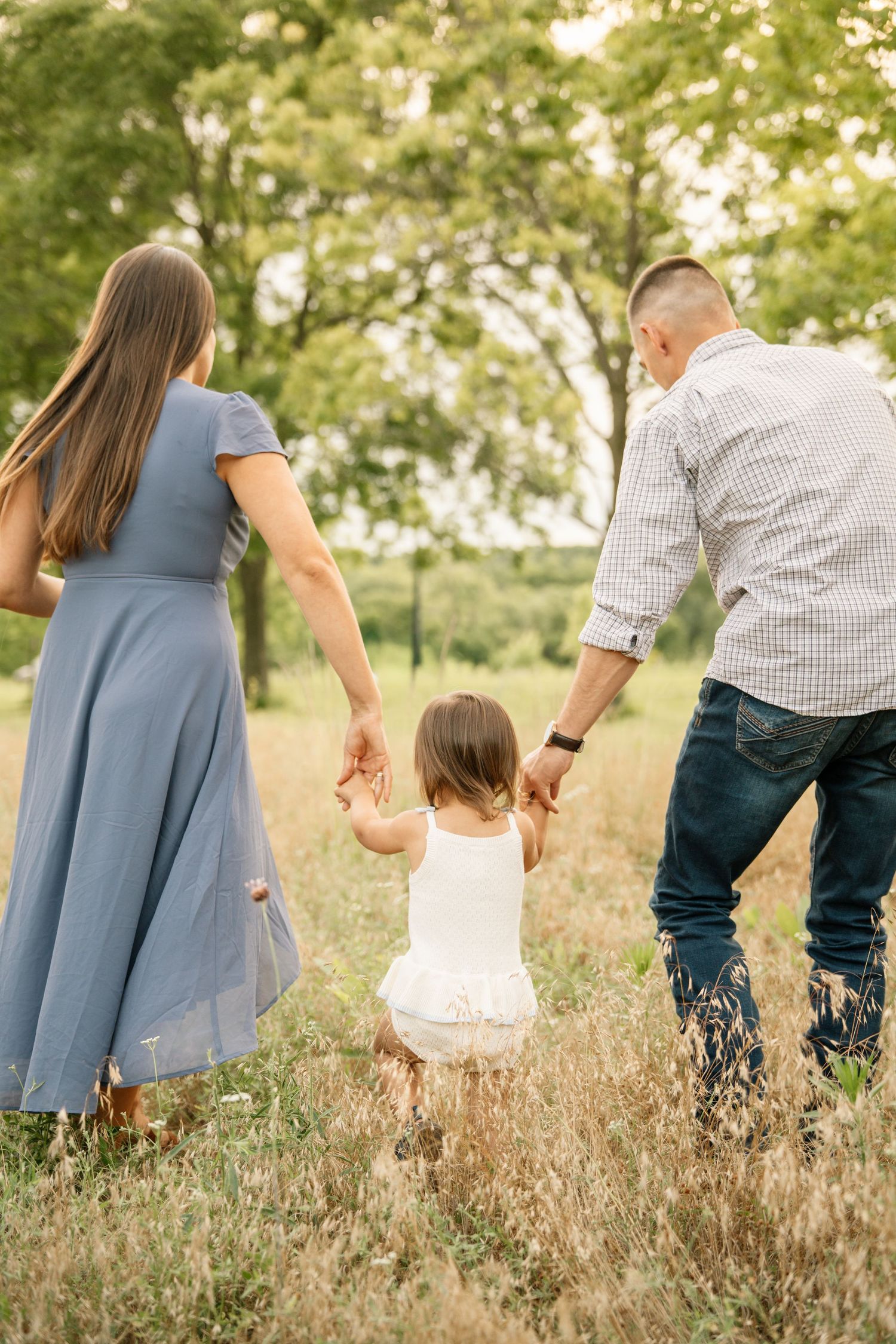 Family of three walking hand in hand through a sunlit field, viewed from behind.