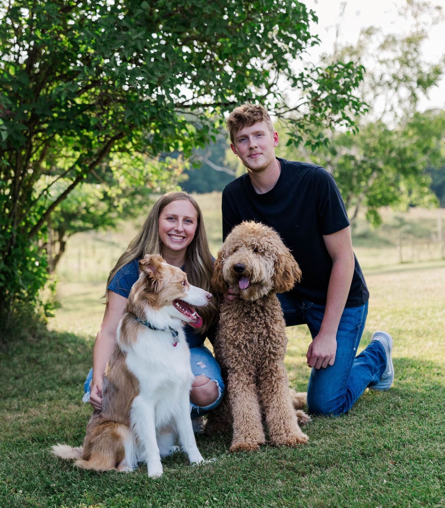 A smiling couple poses outdoors on green grass with an Australian Shepherd and a Goldendoodle beneath leafy trees.