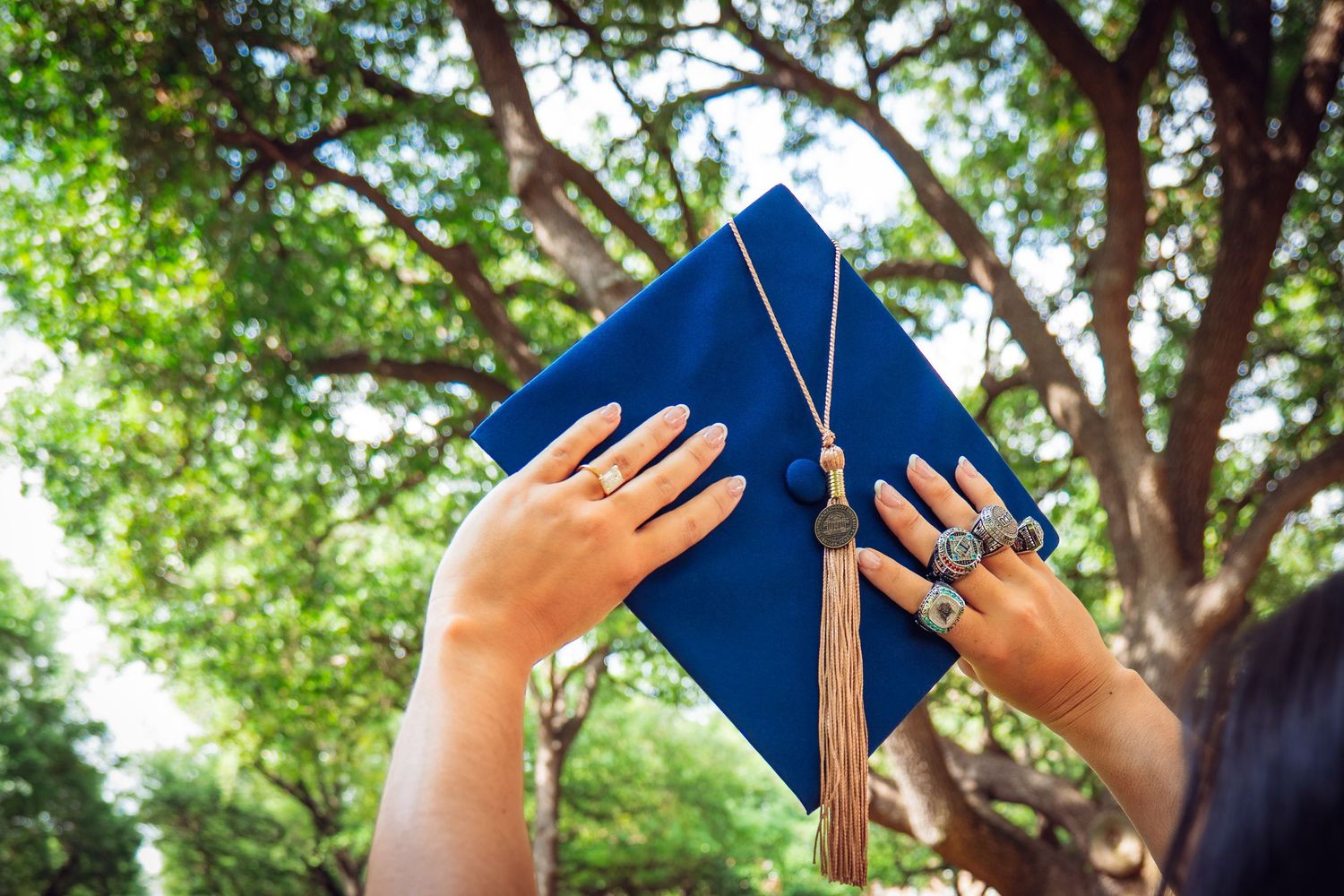 Hands holding a blue graduation cap with gold tassel against green trees.