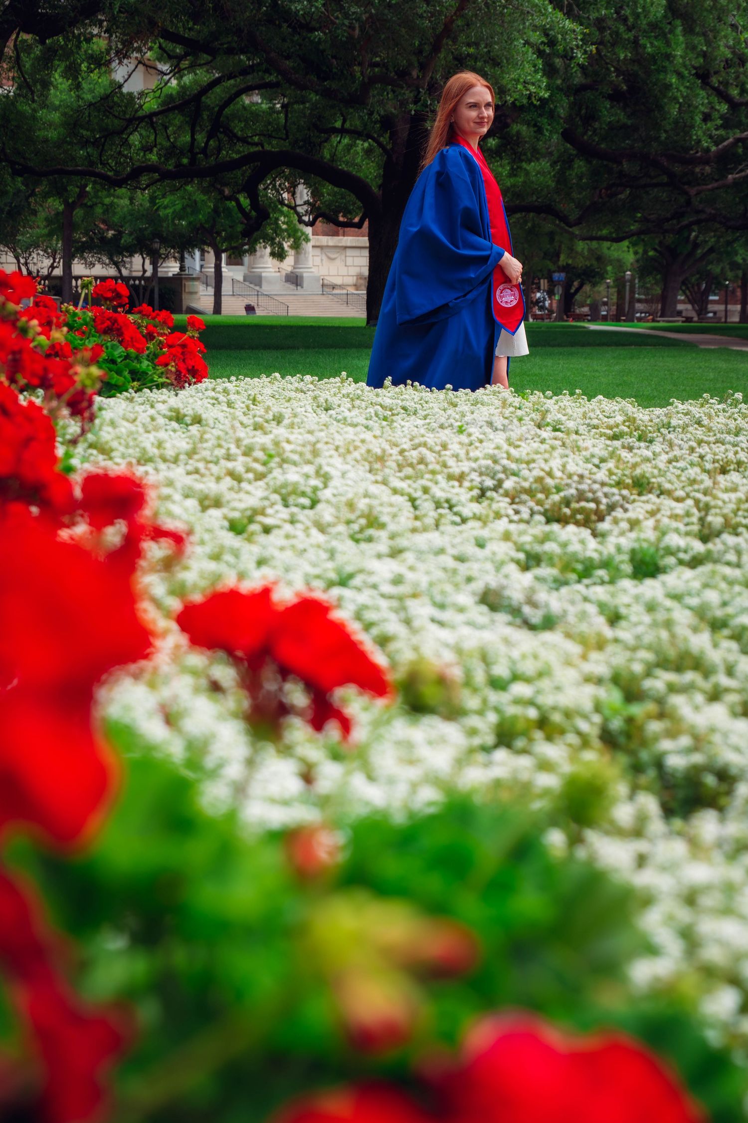 Female graduate in blue doctoral robes standing among red and white flowers.