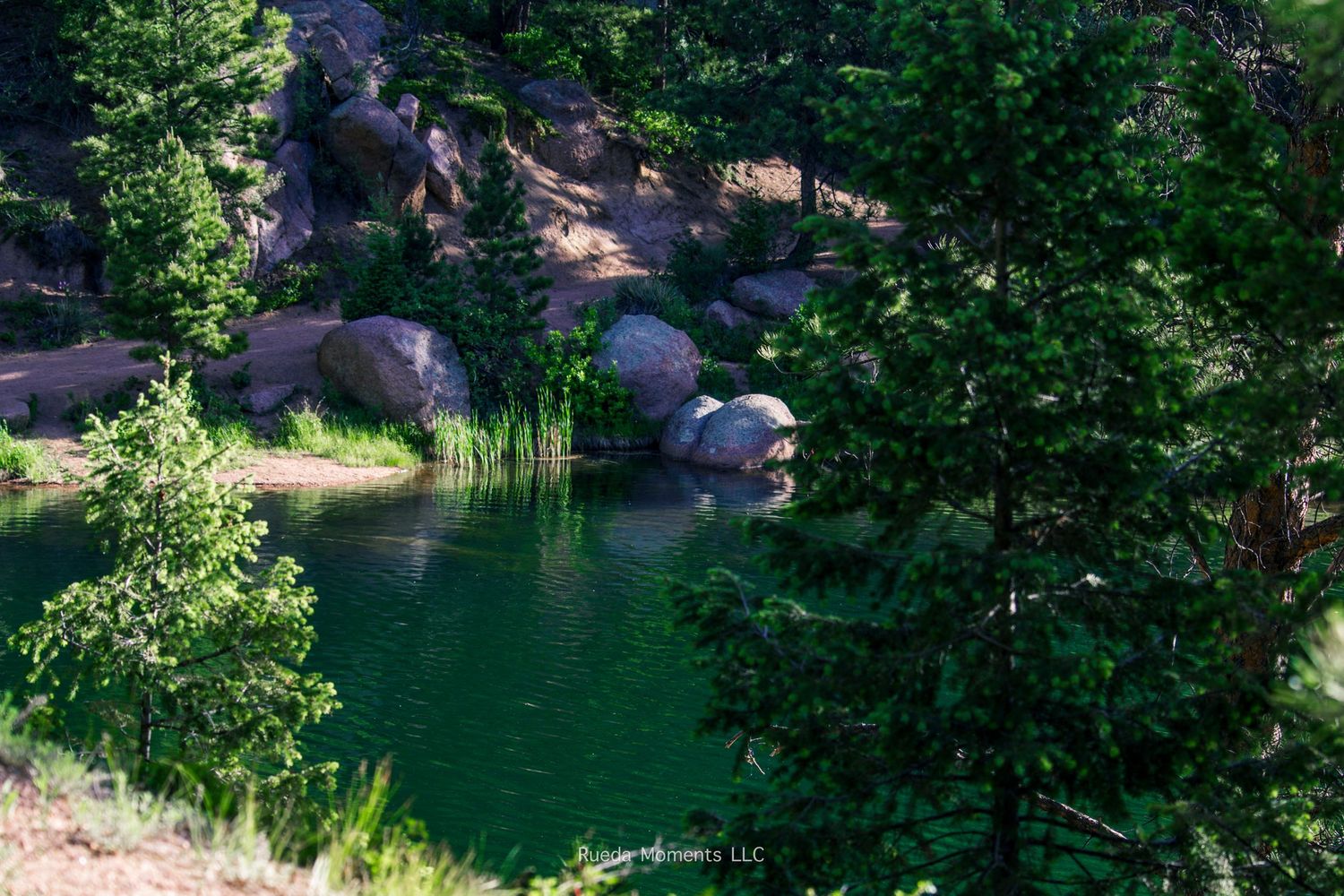 Emerald green mountain lake reflects surrounding pine trees and granite boulders along a rocky shoreline.
