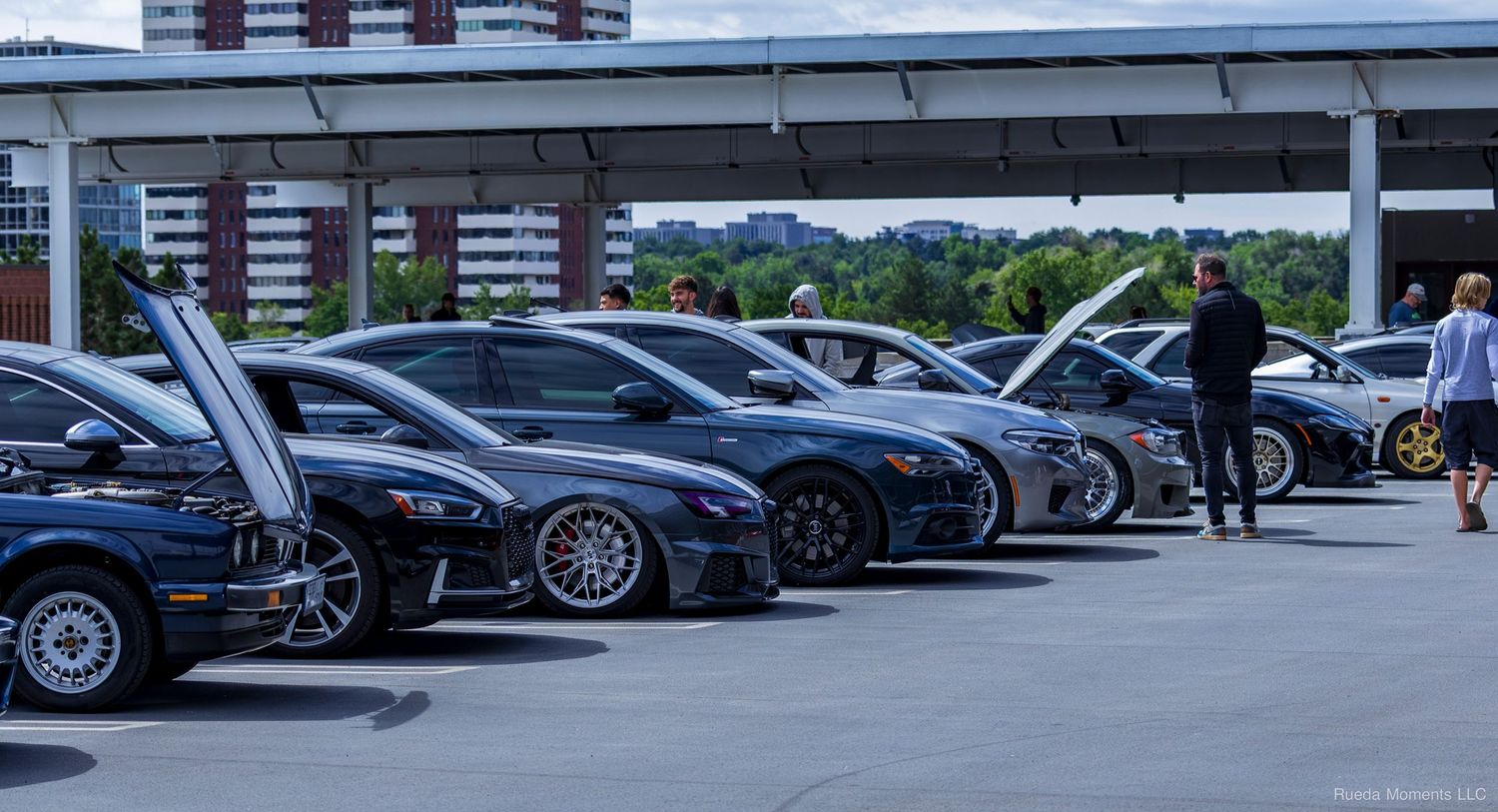 Row of modified Audi and BMW cars displayed at an outdoor automotive enthusiast event.