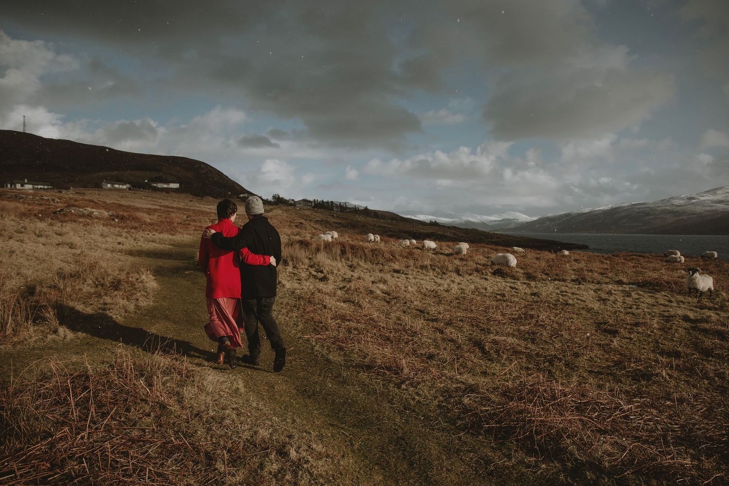 Couple embracing while walking through scenic Scottish highlands with grazing sheep and dramatic cloudy skies.