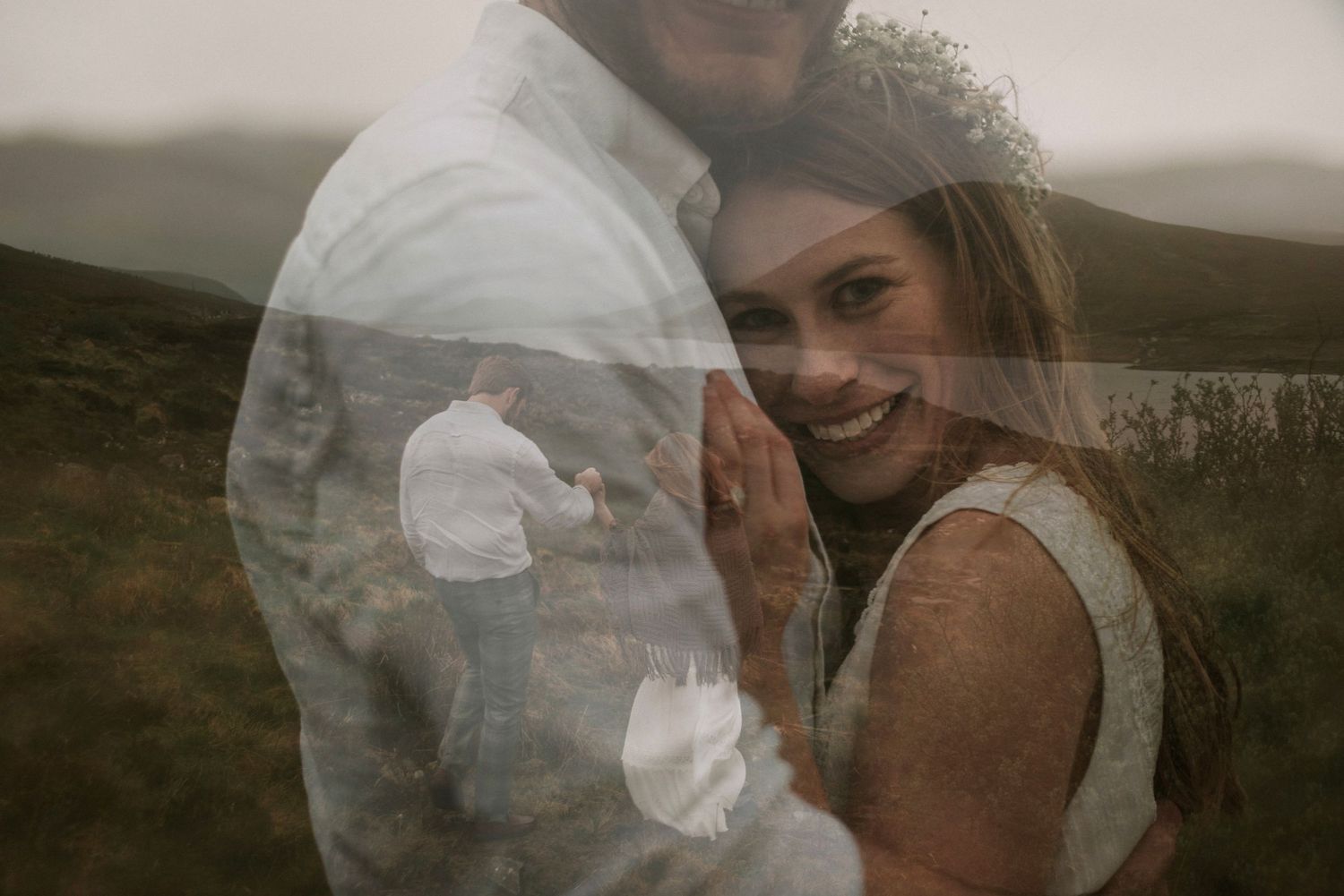 Double exposure wedding portrait of smiling bride embracing groom in a scenic outdoor setting.