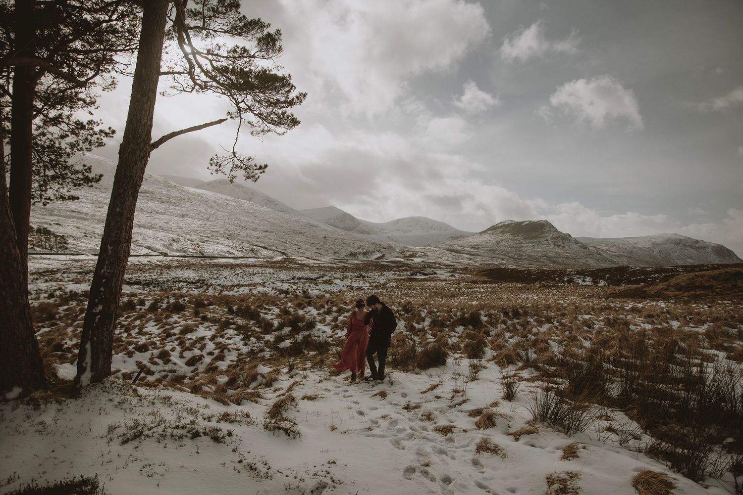 Couple standing in snowy Scottish highland landscape with mountains and pine trees in winter.