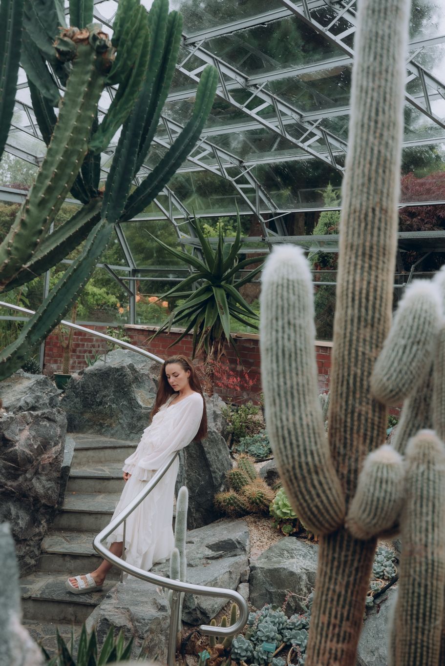 Woman in white dress descending stone steps among tall cacti in a glass greenhouse conservatory.