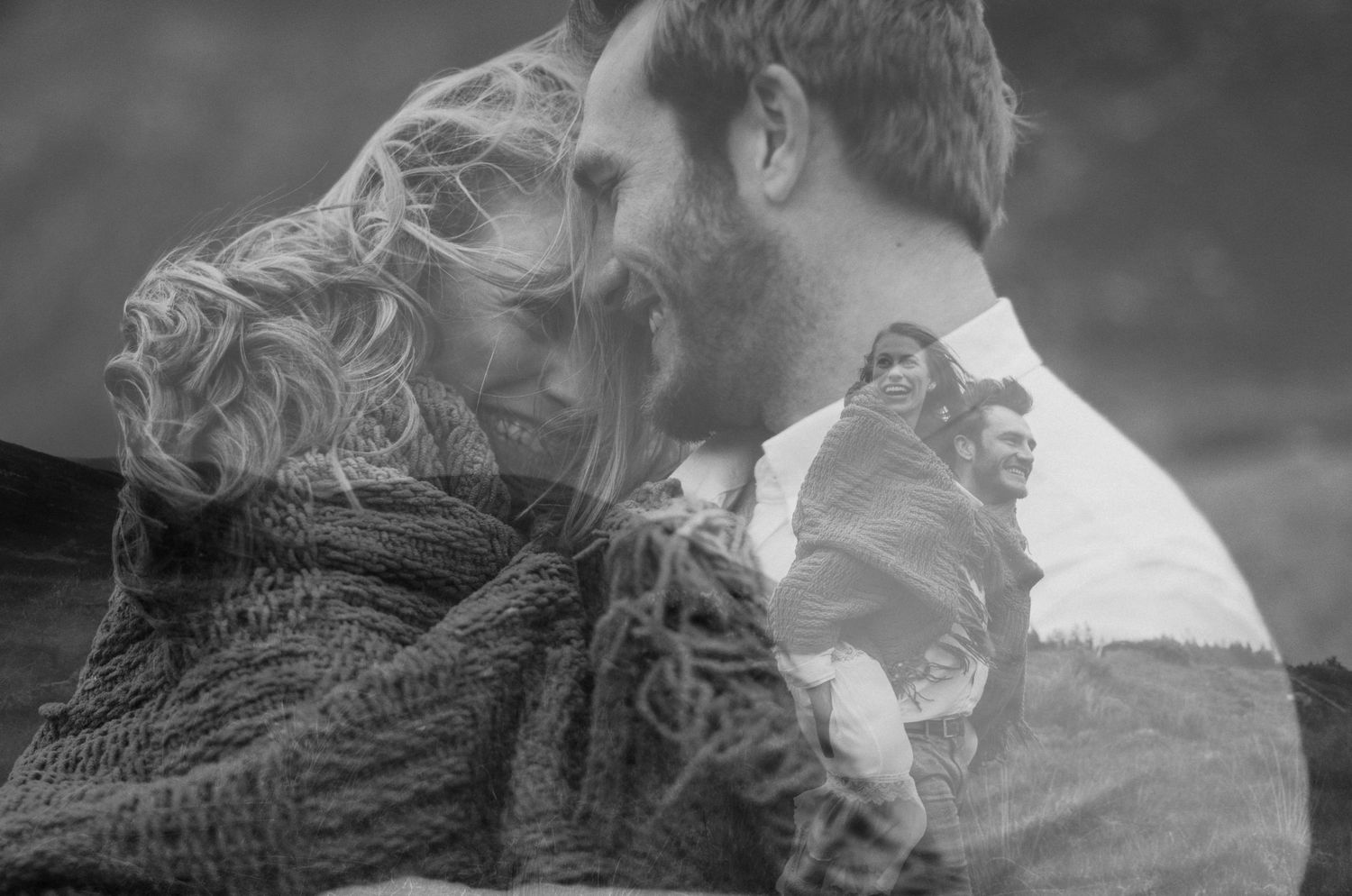 Artistic double exposure black and white portrait of a romantic couple in the highlands.